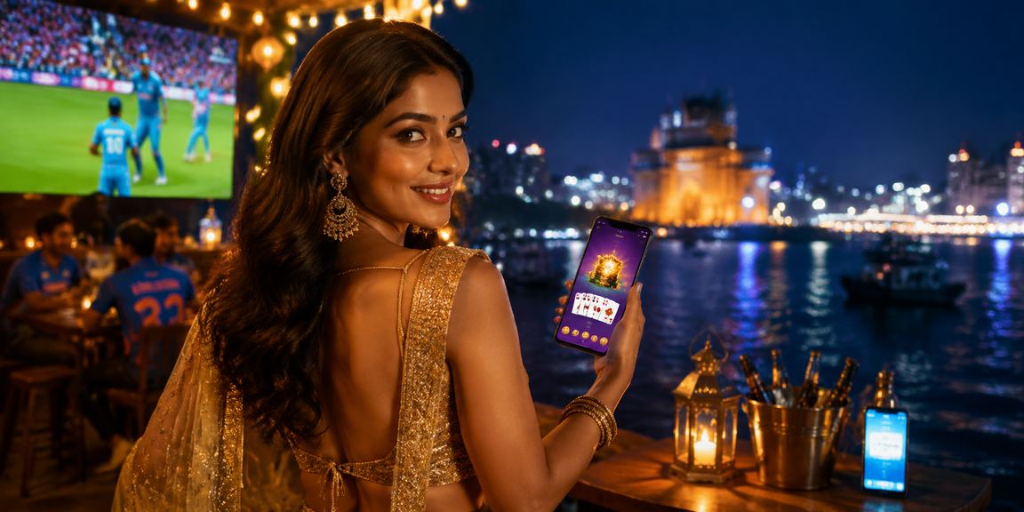 Indian player viewing cricket betting options on mobile with traditional attire background