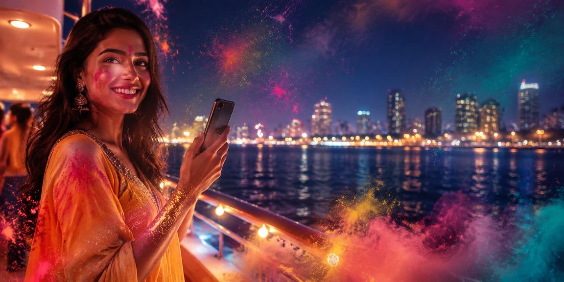 User exploring mobile casino interface during Holi festival in Mumbai